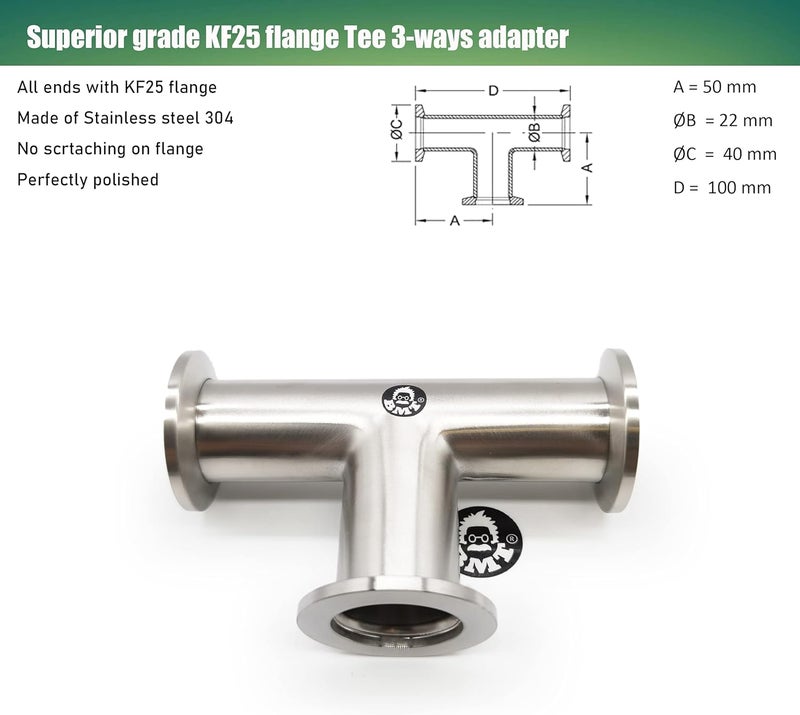 BROWNIAN MOTION TECHNOLOGY bmotiontech superior grade ISO-KF NW25 KF25 Flange Tee Fitting for high vacuum application (KF25 Equal TEE) - Image 2